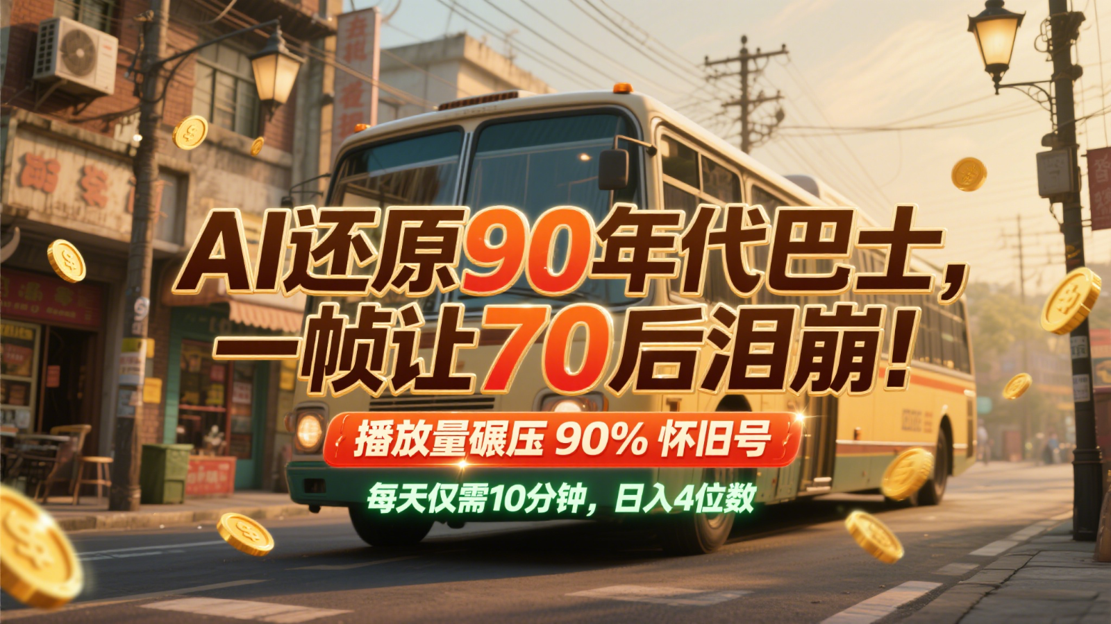 AI还原90年代巴士，一帧让70后泪崩！播放量碾压90%怀旧号，每天10分钟，日入4位数-宇文网创