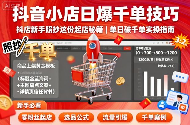 抖音小店日爆千单技巧，抖店新手照抄这份起店秘籍，单日破千单-宇文网创