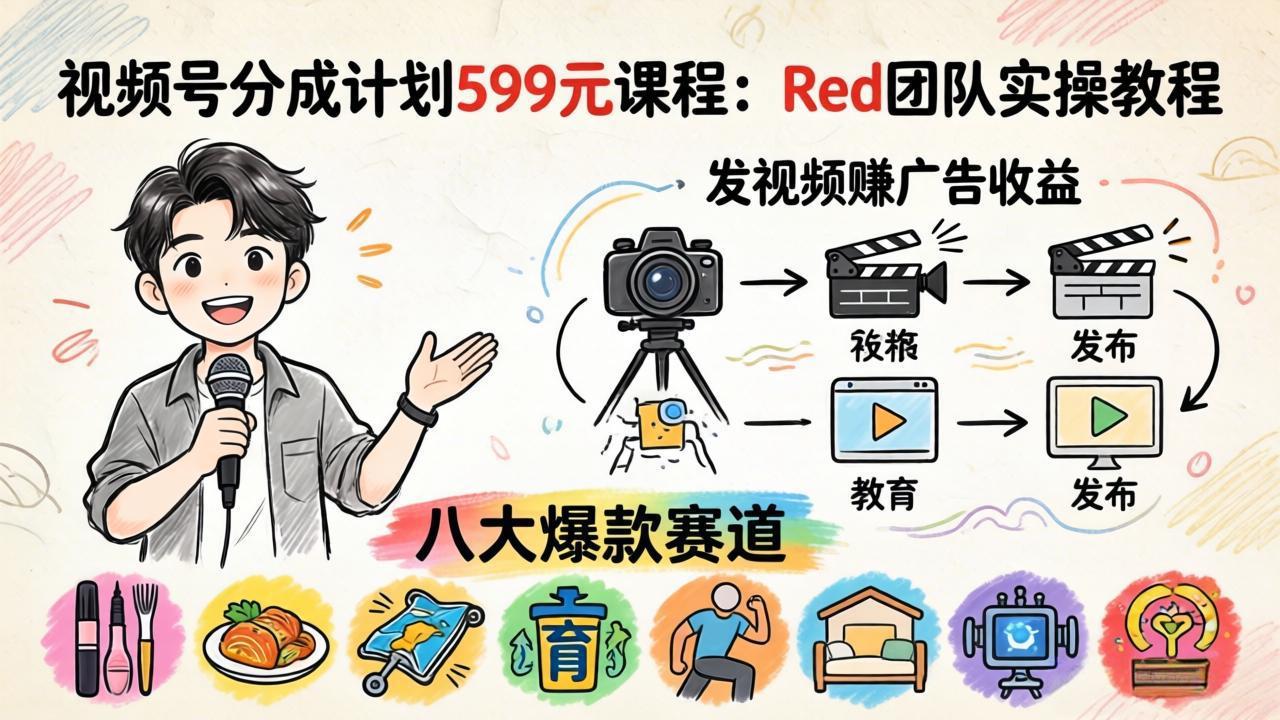 （18088期）视频号分成计划599元课程：Red团队实操教程，发视频赚广告收益，八大爆款赛道全掌握-宇文网创