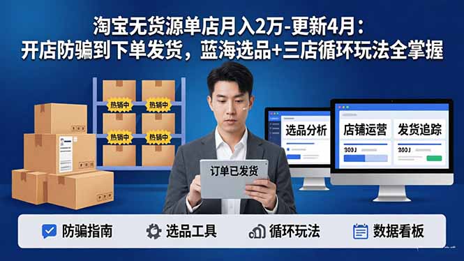 (17988期)淘宝无货源单店月入2万-更新4月:开店防骗到下单发货,蓝海选品+三店循环玩法全掌握-宇文网创