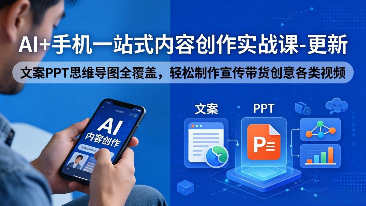 （18204期）AI+手机一站式内容创作实战课-更新，文案PPT思维导图全覆盖，轻松制作宣传带货创意各类视频-宇文网创