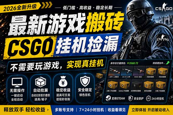 （18182期）最新游戏搬砖，CSGO纯挂机，不需要玩游戏，实现真挂机，月入1W+，五一小高峰上车可吃肉，…-宇文网创