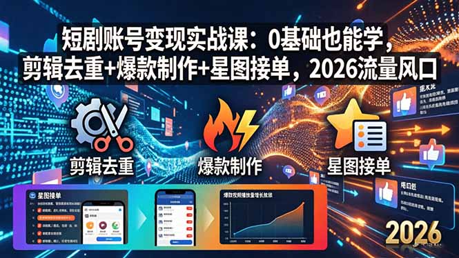 （18160期）短剧账号变现实战课：0基础也能学，剪辑去重+爆款制作+星图接单，2026流量风口-宇文网创