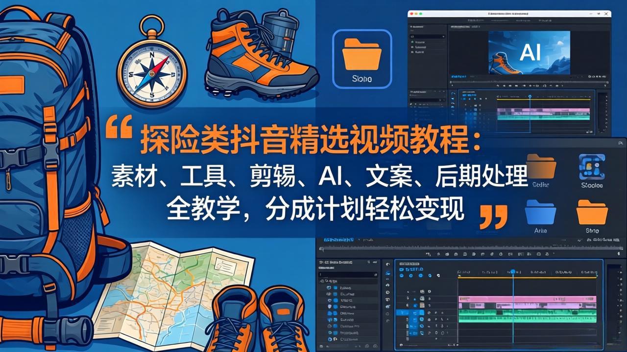 （17994期）探险类抖音精选视频教程：素材、工具、剪辑、AI、文案、后期处理全教学，分成计划轻松变现-宇文网创