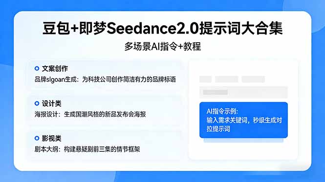 （17935期）豆包+即梦Seedance2.0提示词大合集：多场景AI指令+教程，解锁文案、设计、影视高效创作-宇文网创