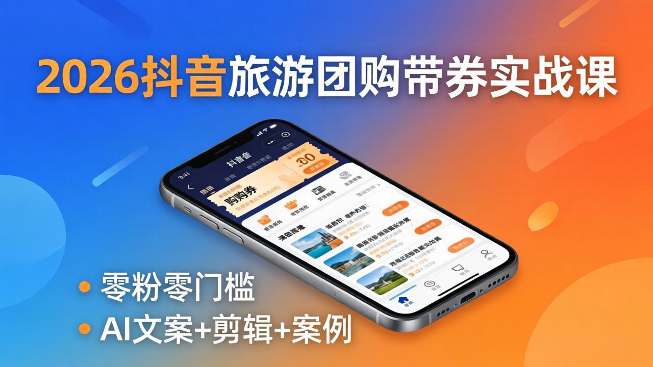 （18175期）2026抖音旅游团购带券实战课：零粉零门槛，AI文案+剪辑+案例，躺着赚门票佣金-宇文网创