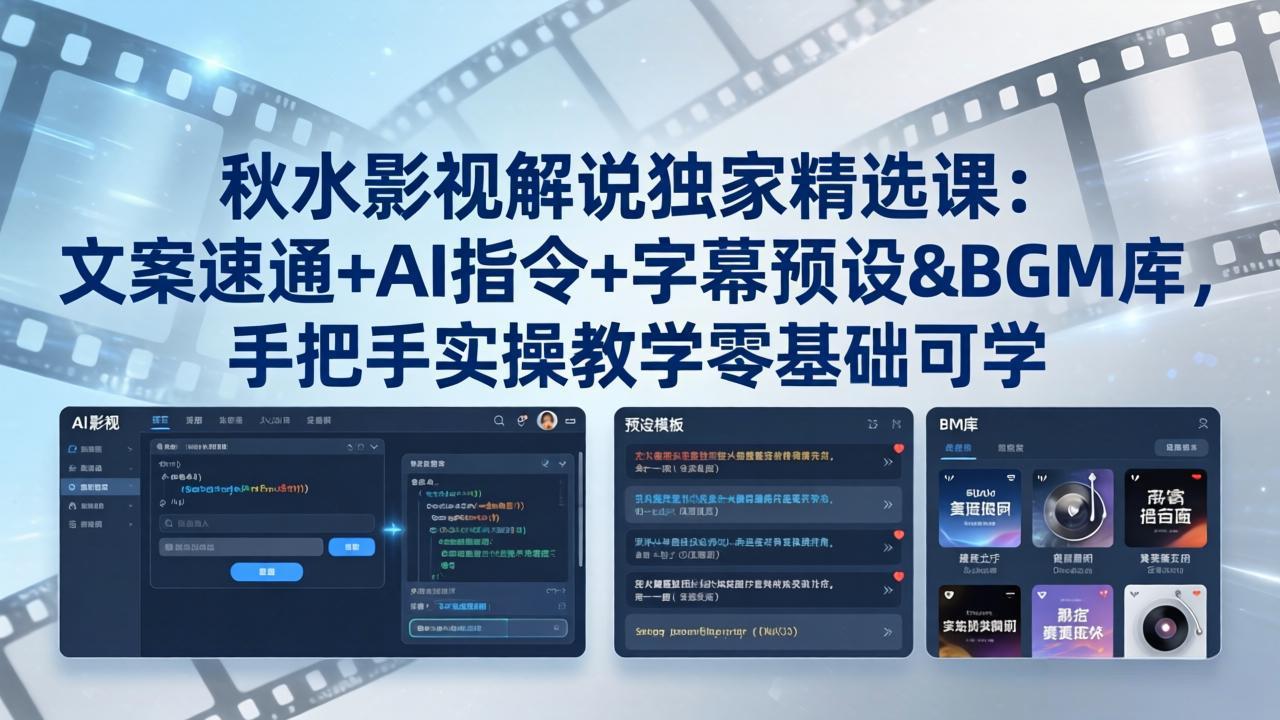 （18080期）秋水影视解说独家精选课：文案速通+AI指令+字幕预设+BGM库，手把手实操教学零基础可学-宇文网创