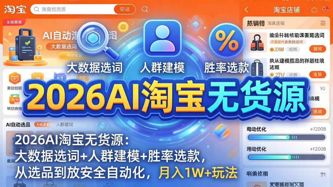 （18046期）2026AI淘宝无货源-4月更新：大数据选词+人群建模+胜率选款，从选品到放大全自动化，月入1W+玩法-宇文网创