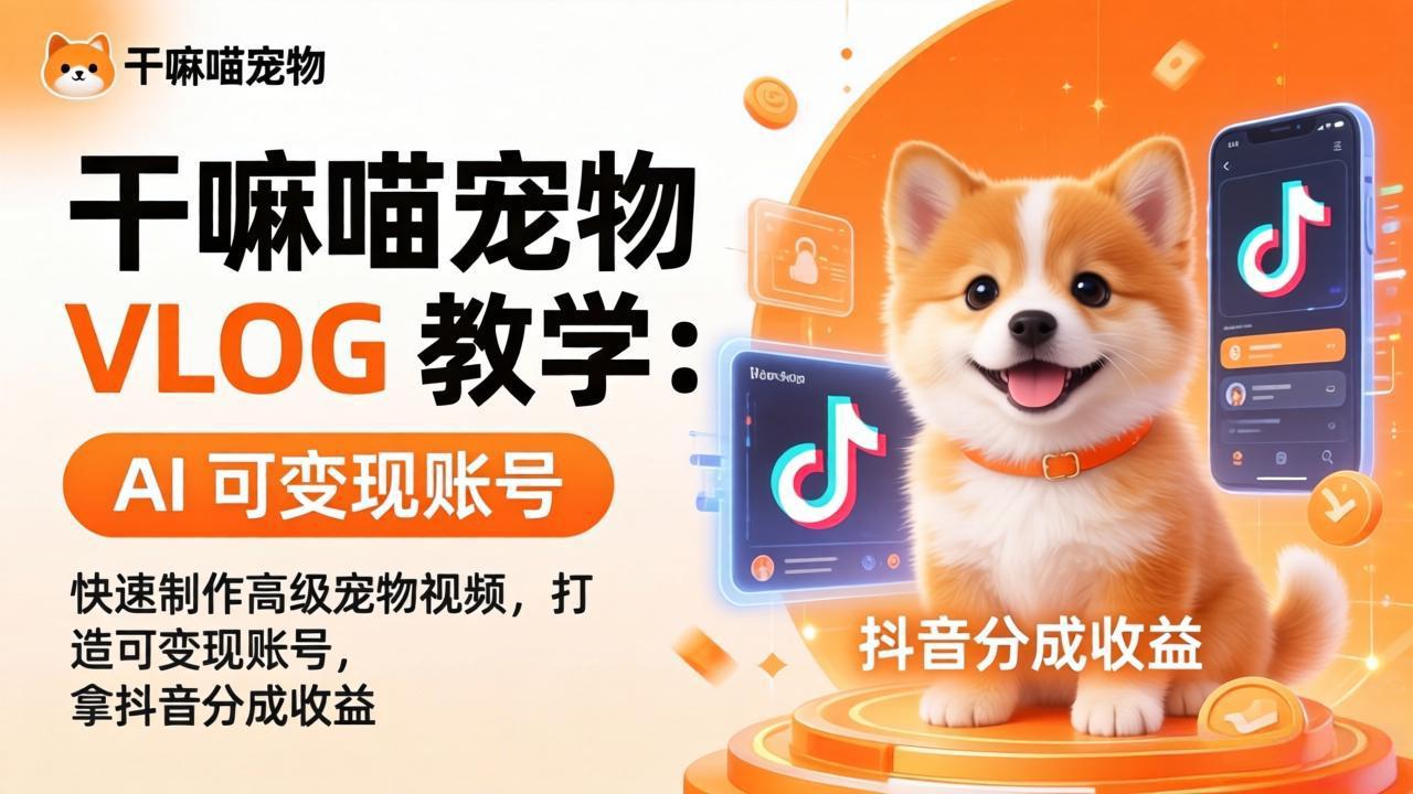 (17888期)干嘛喵宠物 VLOG 教学:AI 快速制作高级宠物视频,打造可变现账号,拿抖音分成收益-宇文网创