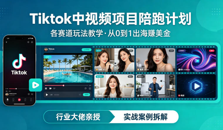 某大佬的Tiktok中视频项目陪跑，涵盖TK各个赛道玩法教学，从0到1出海賺美金-宇文网创