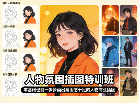 人物氛围插图特训班,零基础也能一步步画出氛围感十足的人物商业插图-宇文网创