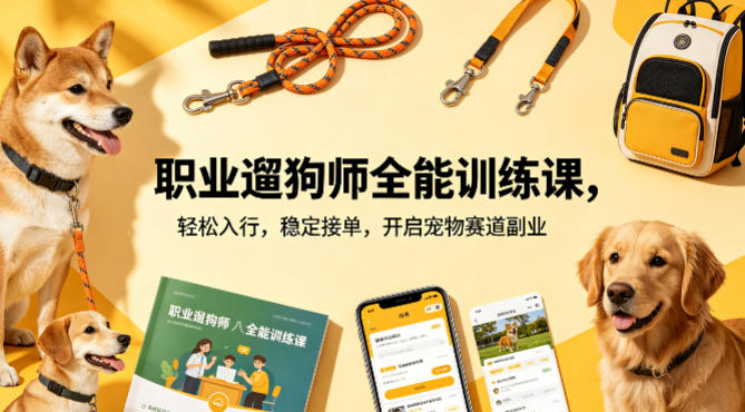 职业遛狗师全能训练课，轻松入行，稳定接单，开启宠物赛道副业-宇文网创
