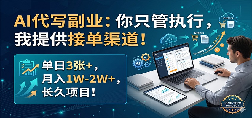AI代写副业：你只管执行，我提供接单渠道！单日3张+，月入1W-2W+，长久项目-宇文网创