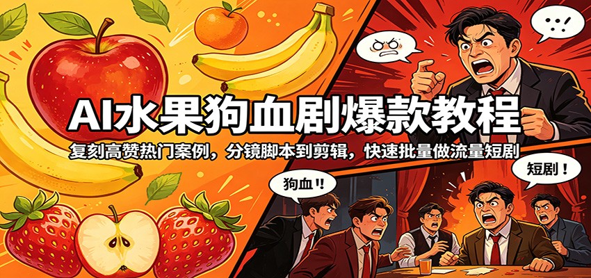 AI水果狗血剧爆款教程：复刻高赞热门案例，分镜脚本到剪辑，快速批量做流量短剧-宇文网创