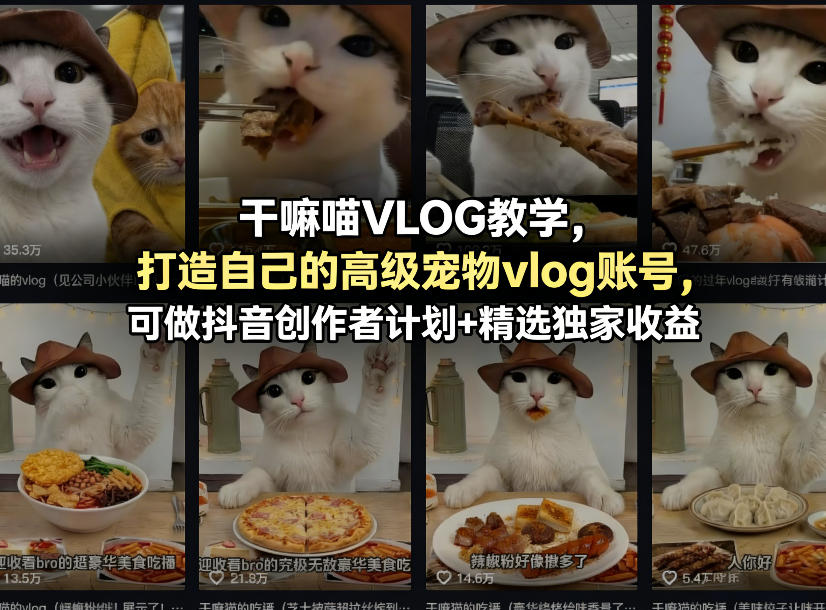 干嘛喵VLOG教学,打造自己的高级宠物vlog账号,可做抖音创作者计划+精选独家收益-宇文网创