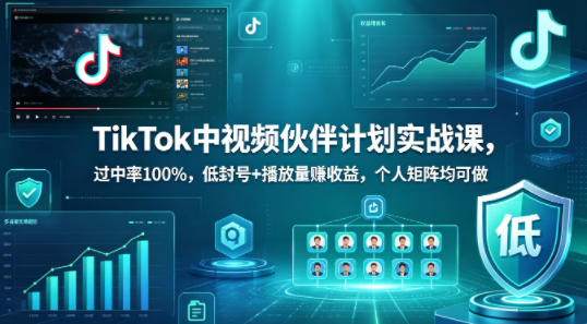 TikTok中视频伙伴计划实战课，过中率100%，低封号+播放量賺收益，个人矩阵均可做-宇文网创