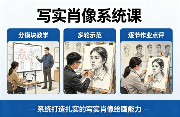 写实肖像系统课，全程分模块教学+多轮示范+逐节作业点评，系统打造扎实的写实肖像绘画能力-宇文网创