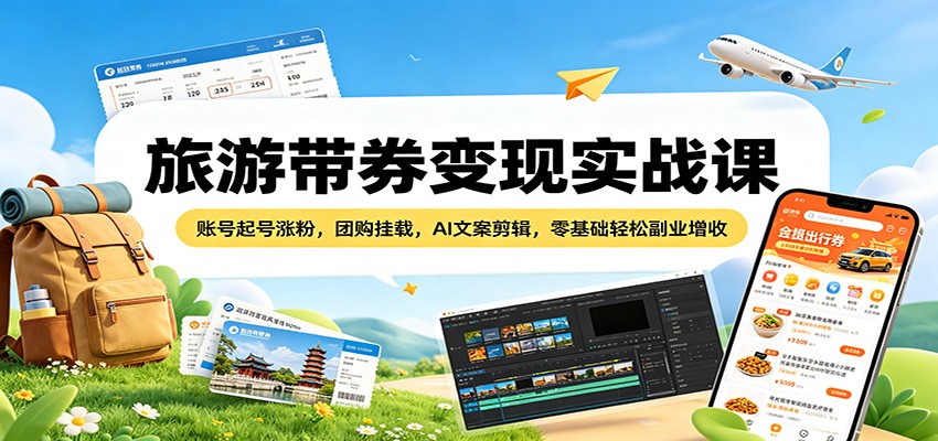 旅游带券变现实战课：账号起号涨粉，团购挂载，AI文案剪辑，零基础轻松副业增收-宇文网创