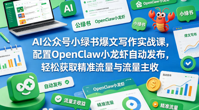 AI公众号小绿书爆文写作实战课，配置OpenClaw小龙虾自动发布，轻松获取精准流量与流量主收益-宇文网创