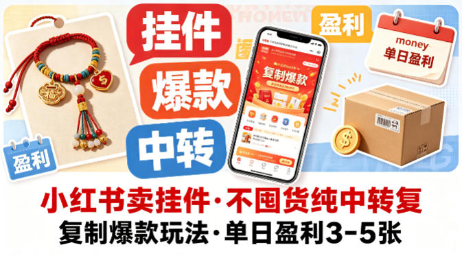 小红书卖挂件，不囤货纯中转复制爆款玩法，单日盈利3-5张-宇文网创