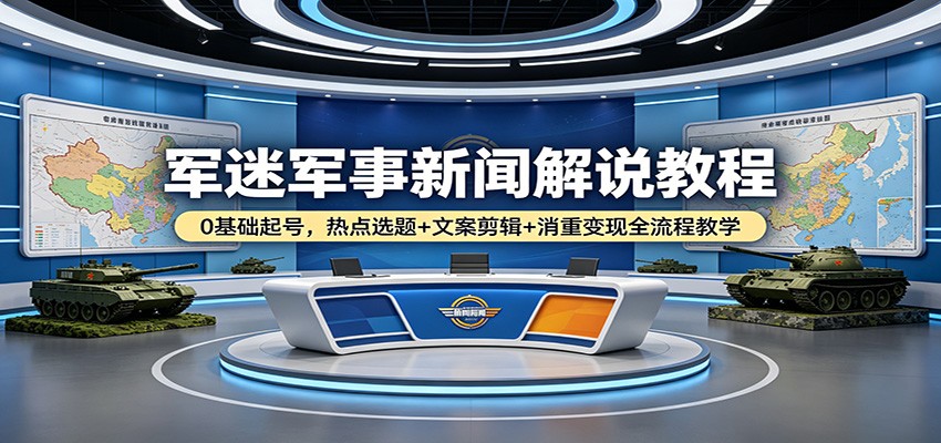 军迷军事新闻解说教程：0基础起号，热点选题+文案剪辑+消重变现全流程教学-宇文网创