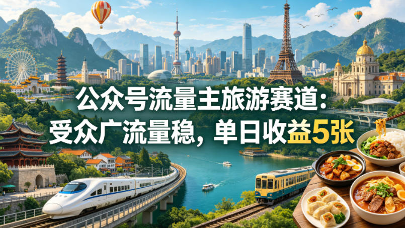 公众号流量主之旅游赛道，受众广+流量稳，平均单日收益5张+-宇文网创