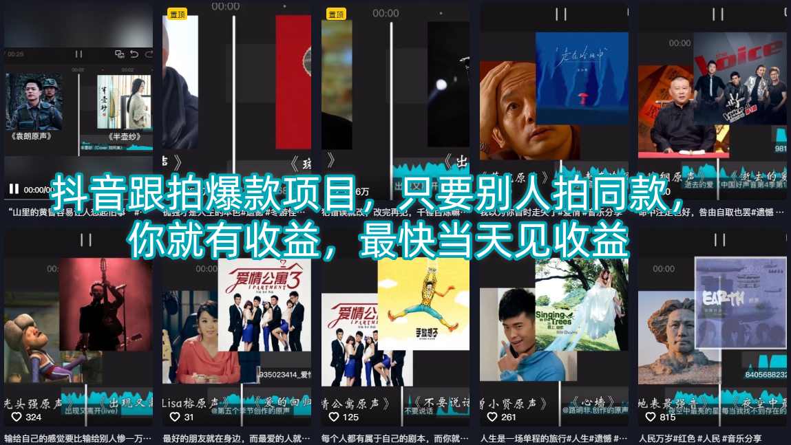 抖音跟拍爆款项目，只要别人拍同款，你就有收益，最快当天见收益-宇文网创