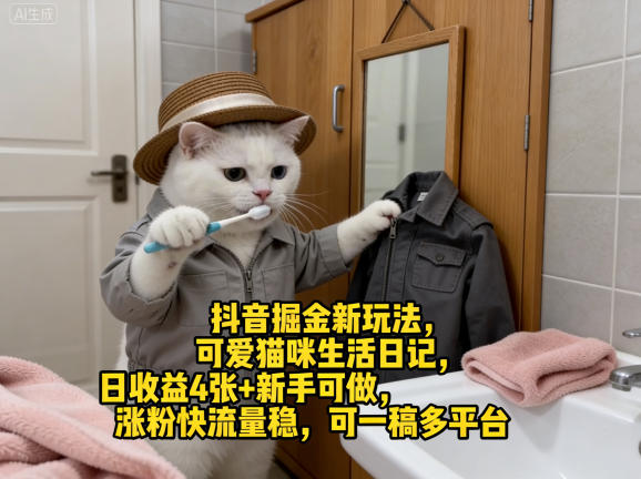 抖音掘金新玩法,可爱猫咪生活日记,日收益4张+新手可做,涨粉快流量稳,可一稿多平台-宇文网创