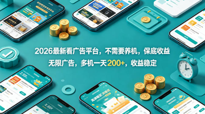 2026最新看广告平台，不需要养机，保底收益，无限广告，多机一天200+，收益稳定【揭秘】-宇文网创