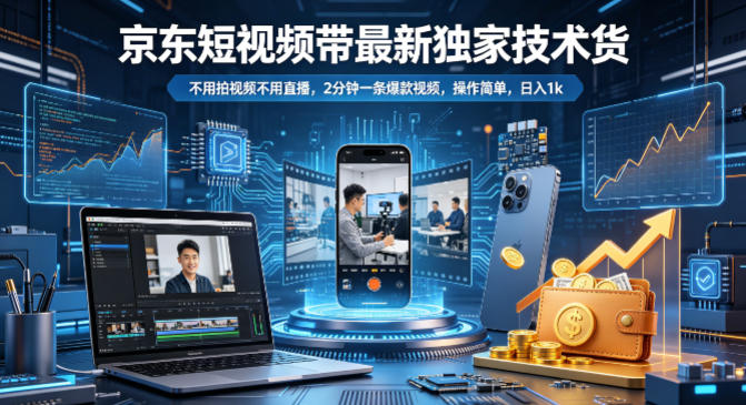 京东短视频带货最新独家技术，不用拍视频不用直播，2分钟一条爆款视频，操作简单，日入1k+【揭秘】-宇文网创