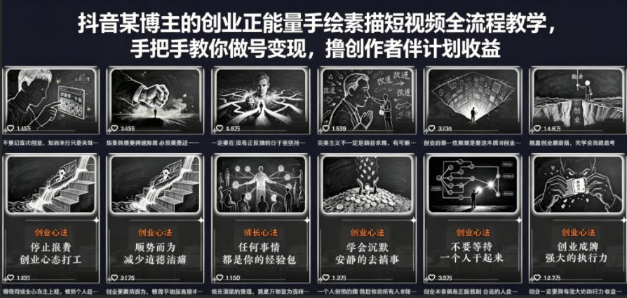 抖音某博主的创业正能量手绘素描短视频全流程教学，手把手教你做号变现，撸创作者伙伴计划收益-宇文网创