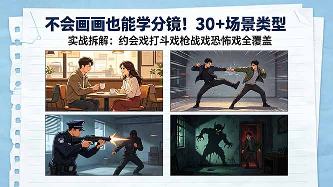(18591期)不会画画也能学分镜!30+场景类型实战拆解:约会戏打斗戏枪战戏恐怖戏全覆盖-宇文网创