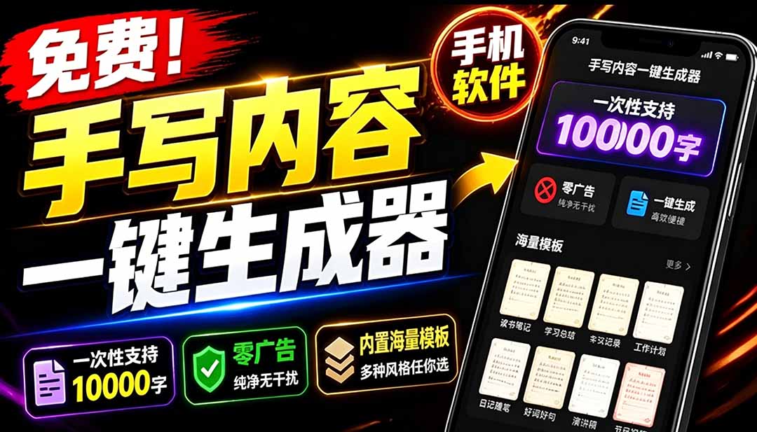 （18667期）超逼真手写字体一键生成器，纯免费离线运行，一次性支持10000字，零广告，内置海量模板-宇文网创
