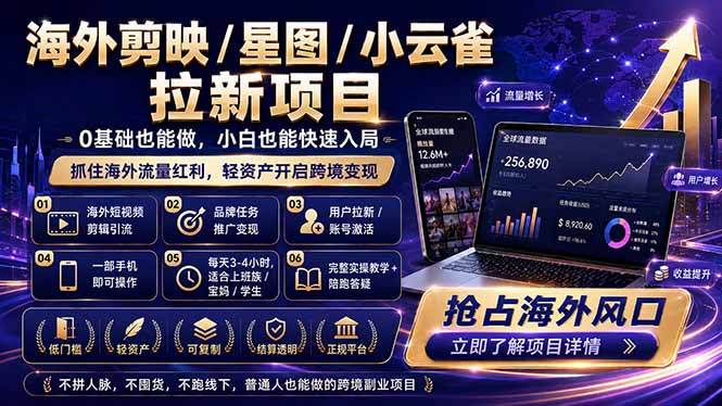 （18567期）海外剪映 / 星图 / 小云雀拉新项目 普通人也能上手的跨境流量变现副业-宇文网创