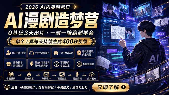 (18568期)AI漫剧造梦营:0基础3天出片,单个工具每天持续生成400秒视频-宇文网创