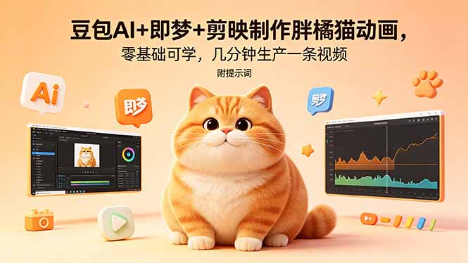 （18431期）豆包AI+即梦+剪映制作胖橘猫动画，零基础可学，几分钟生产一条视频，附提示词-宇文网创