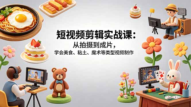 （18375期）短视频剪辑实战课：从拍摄到成片，学会美食、粘土、魔术等类型视频制作-宇文网创