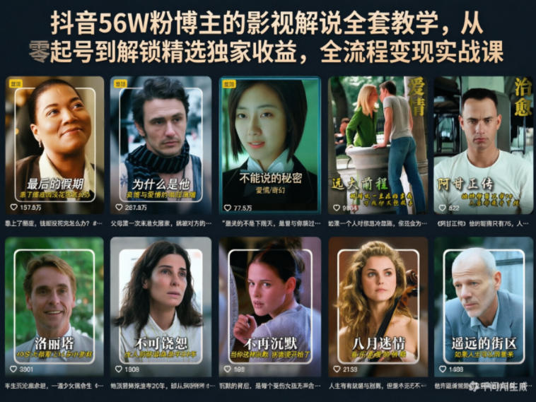 抖音56W粉博主的影视解说全套教学，从零起号到解锁精选独家收益，全流程变现实战课-宇文网创