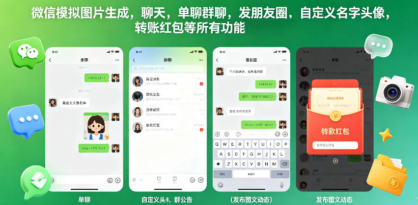 微信模拟图片生成，聊天，单聊群聊，发朋友圈，自定义名字头像，转账红包等所有功能都可以生成-宇文网创