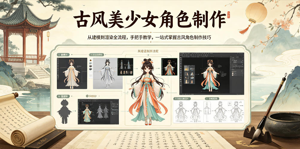 古风美少女角色制作,从建模到渲染全流程,手把手教学,一站式掌握古风角色制作技巧-宇文网创