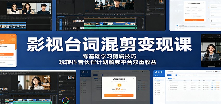 影视台词混剪变现课:零基础学习剪辑技巧,玩转抖音伙伴计划解锁平台双重收益-宇文网创