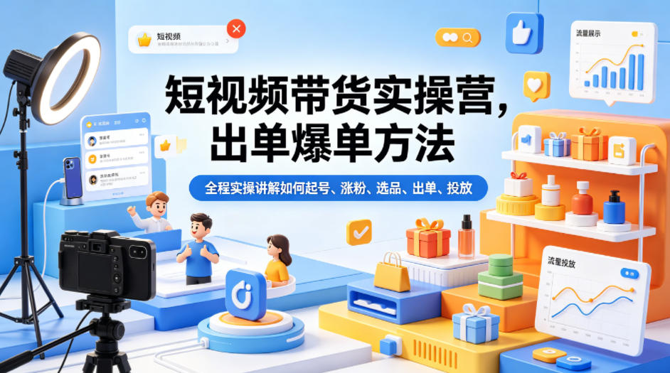 短视频带货实操营，出单爆单方法，全程实操讲解如何起号、涨粉、选品、出单、投放-宇文网创