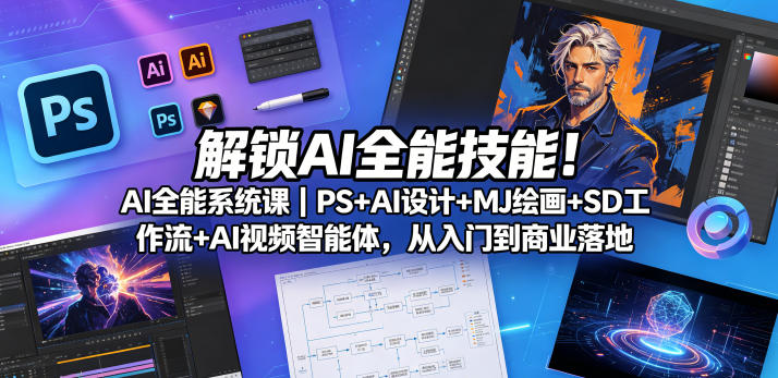 解锁AI全能技能!AI全能系统课|PS+AI设计+MJ绘画+SD工作流+AI视频智能体,从入门到商业落地-宇文网创
