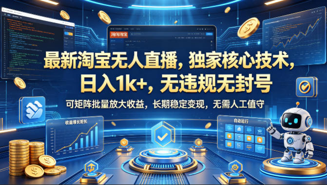 最新淘宝无人直播，独家核心技术，日入1k+，无违规无封号，可矩阵批量放大，长期稳定，无需人工值守【揭秘】-宇文网创