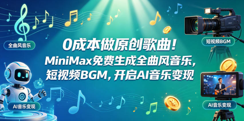0成本做原创歌曲！MiniMax免费生成全曲风音乐，短视频BGM，开启AI音乐变现-宇文网创