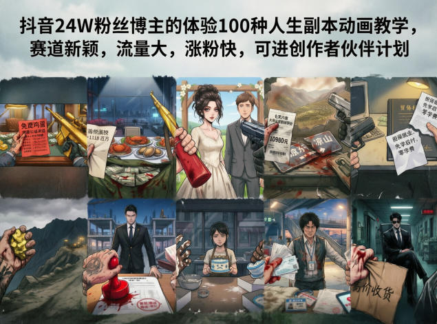 抖音24W粉丝博主的体验100种人生副本动画教学，赛道新颖，流量大，涨粉快，可进创作者伙伴计划-宇文网创