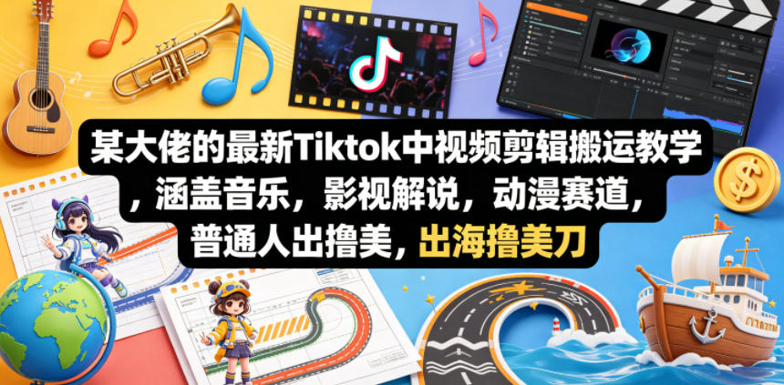 某大佬的最新Tiktok中视频剪辑搬运教学，涵盖音乐，影视解说，动漫赛道，普通人出海撸美刀-宇文网创