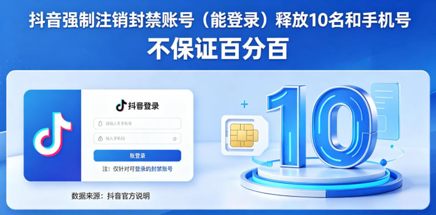 抖音强制注销F禁账号（能登录）释放10名和手机号，不保证百分百-宇文网创