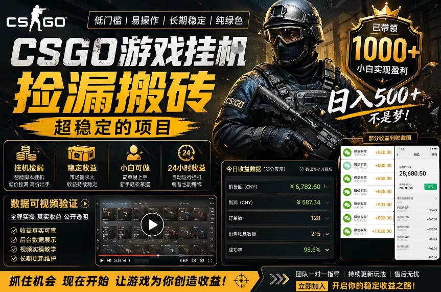 CSGO游戏搬砖，全自动挂G，不需要玩游戏，手机操作日入300+，解放双手【揭秘】-宇文网创