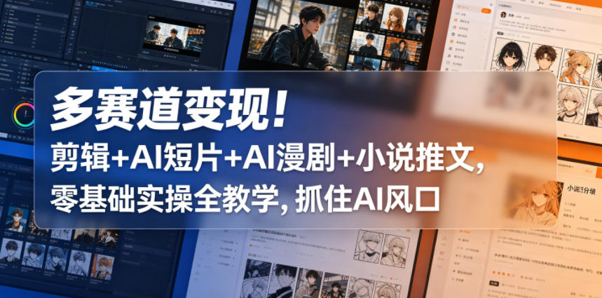 多赛道变现！剪辑+AI短片+AI漫剧+小说推文，零基础实操全教学，抓住AI风口-宇文网创